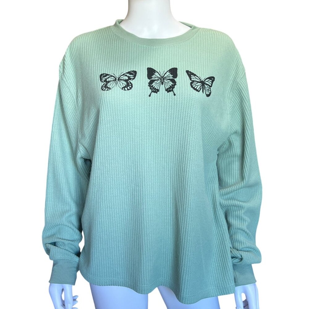 Modern Lux Mint Green Waffle Knit Butterfly Print Long Sleeve Pullover Top Sz XL
